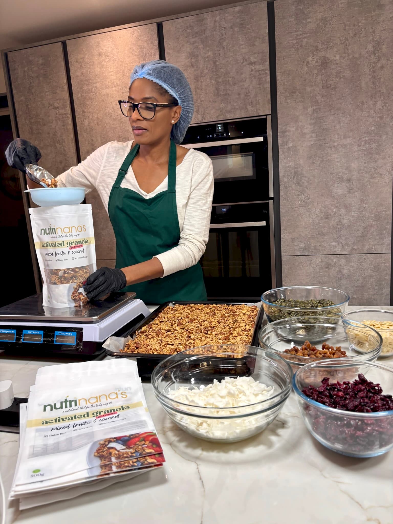 Nana preparing granola in her kitchen